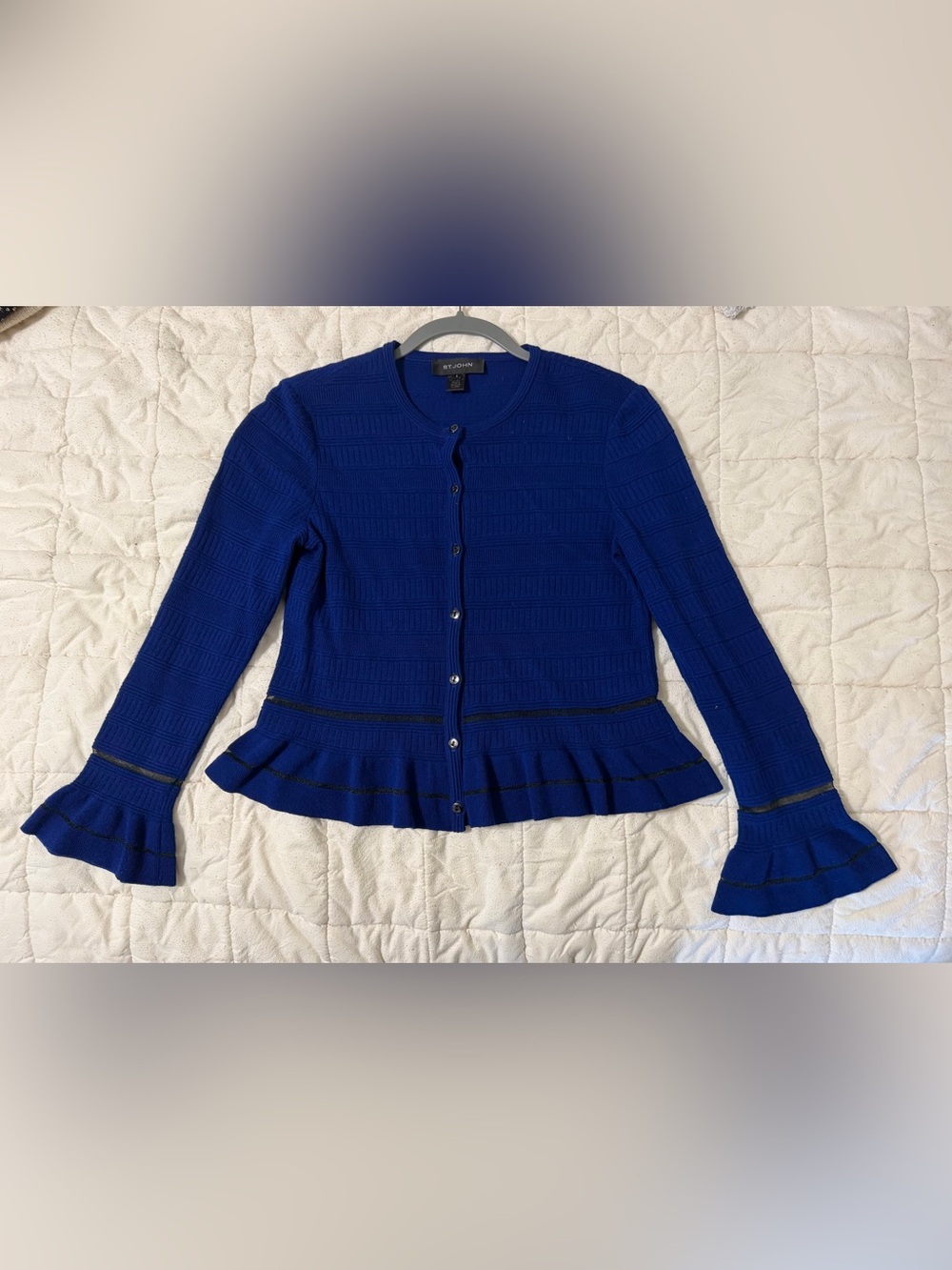 St. John Blue Textured Knit Peplum Cardigan Jacket Bell Sleeve Size S